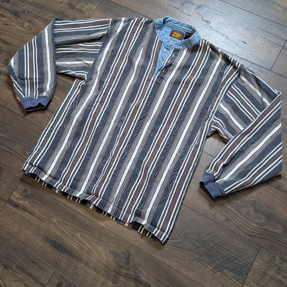 Faded Glory 90s Vintage Jean Blue White Striped Henley Long Sleeve  Size Medium